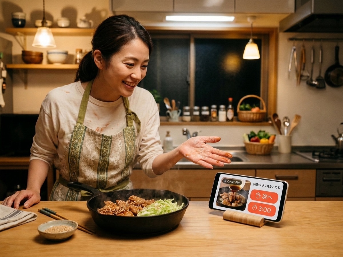 夜のキッチンで照り焼きチキンを焼きながら、スマホスタンドの料理モード画面（手順3：タレをからめる、次へ、3:00タイマー）に手のひらをかざしてハンズフリー操作する様子