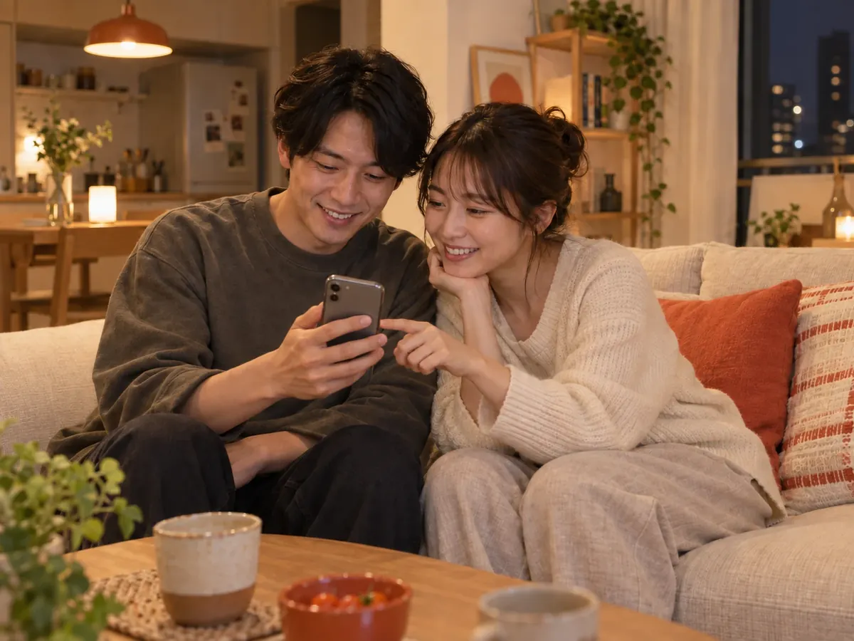 ソファでひとつのスマートフォンを見ながら、今夜のごはんを選んで笑うふたりのイメージ