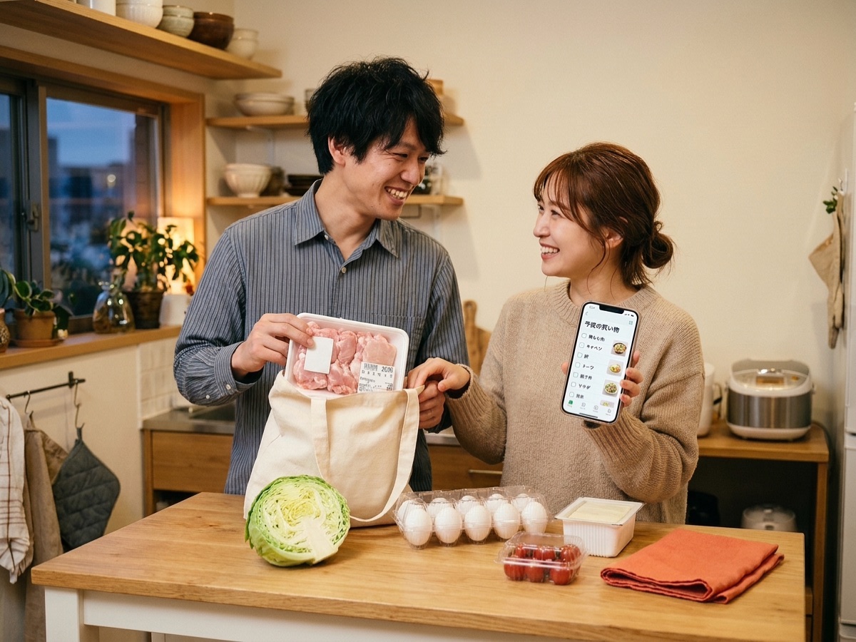 買い出しから帰ってきたふたりが、キッチンのカウンターでスマホの買い物リストを見ながらキャベツや鶏肉、卵、豆腐を笑顔で並べる様子