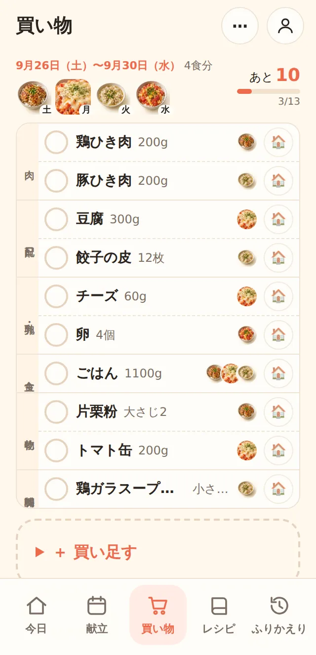 買い物の画面。材料が売り場ごとに1行ずつ並び、行の右にどの料理に使うかの小さな写真が付く